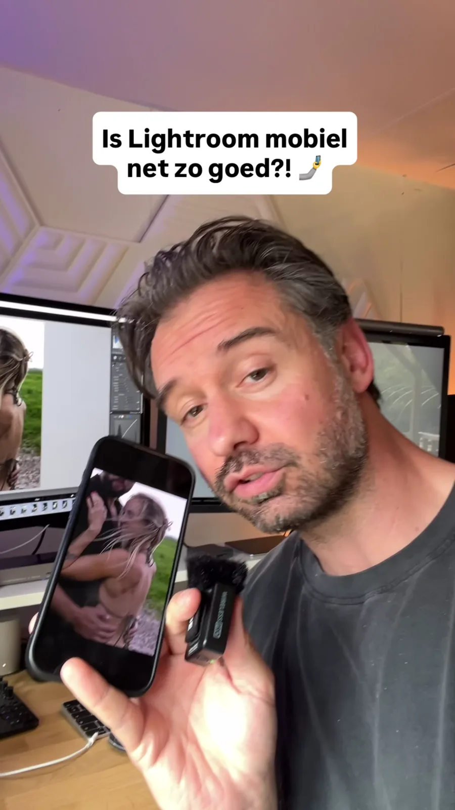 Staand beginscherm van Roys Reel met de vraag of Lightroom mobiel net zo goed is, terwijl hij de foto op telefoon en computer toont