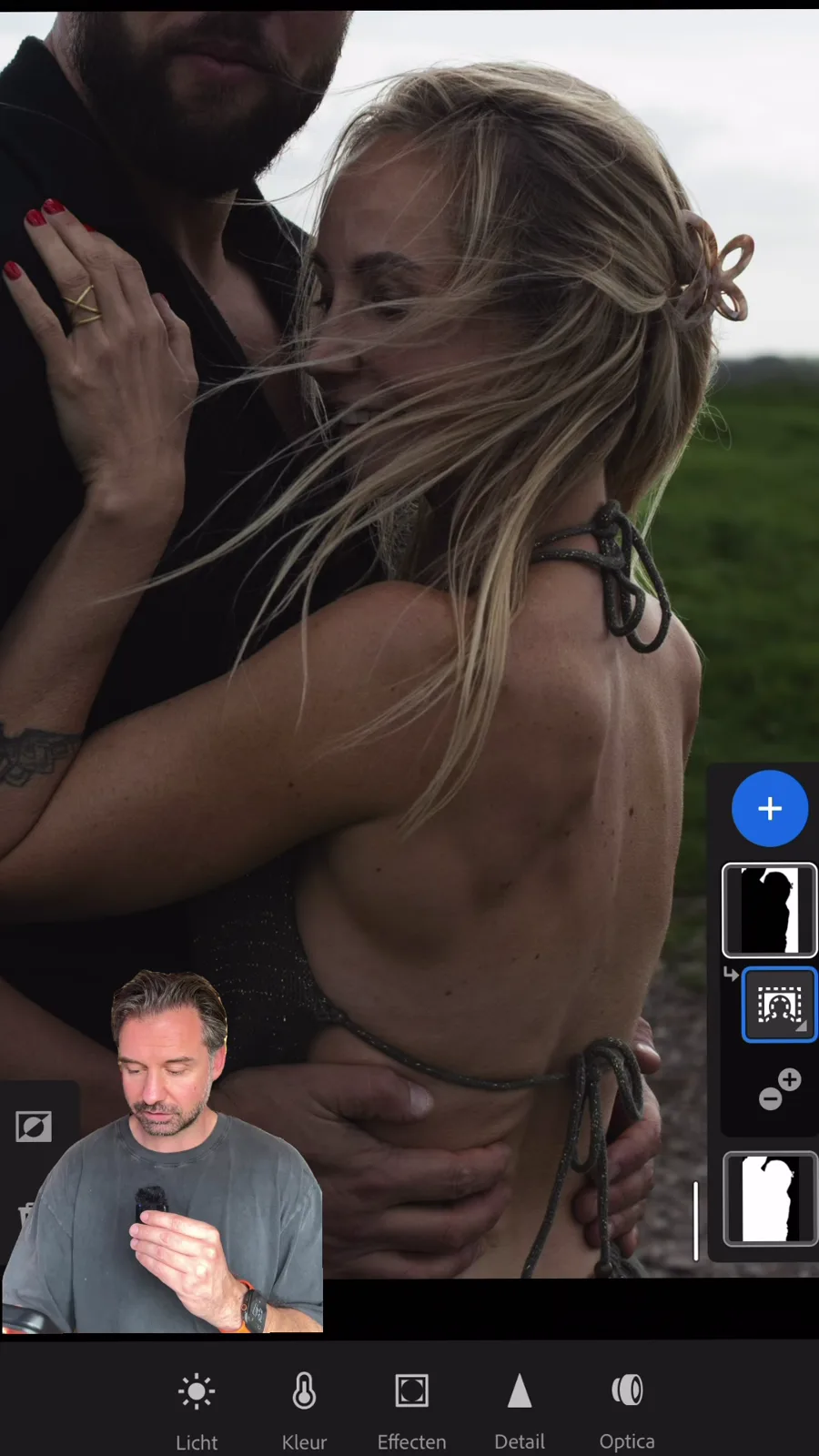 De mobiele versie van Lightroom toont de afzonderlijke maskers die bij Roys portretedit horen