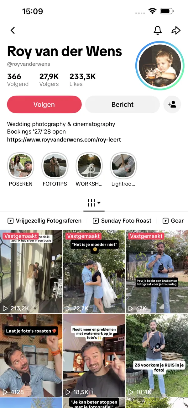 Schermbeeld van Roy van der Wens op TikTok met gratis foto- en videotips